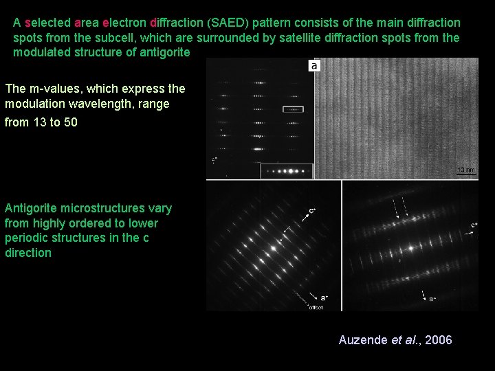 A selected area electron diffraction (SAED) pattern consists of the main diffraction spots from