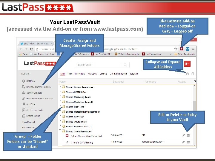 Your Last. Pass. Vault (accessed via the Add-on or from www. lastpass. com) The