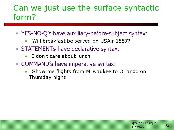 Can we just use the surface syntactic form? YES-NO-Q’s have auxiliary-before-subject syntax: Will breakfast Can we just use the surface syntactic form? YES-NO-Q’s have auxiliary-before-subject syntax: Will breakfast