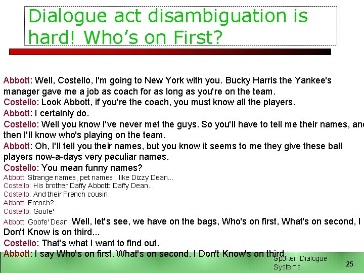 Dialogue act disambiguation is hard! Who’s on First? Abbott: Well, Costello, I'm going to Dialogue act disambiguation is hard! Who’s on First? Abbott: Well, Costello, I'm going to