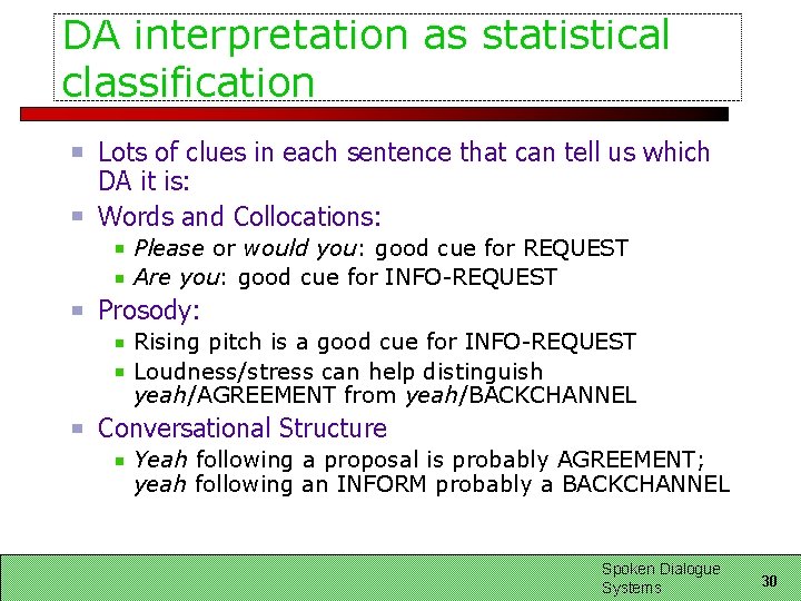 DA interpretation as statistical classification Lots of clues in each sentence that can tell DA interpretation as statistical classification Lots of clues in each sentence that can tell