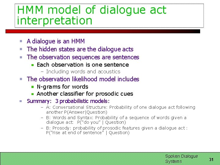 HMM model of dialogue act interpretation A dialogue is an HMM The hidden states HMM model of dialogue act interpretation A dialogue is an HMM The hidden states