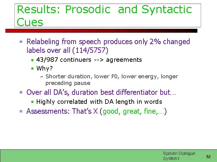 Results: Prosodic and Syntactic Cues Relabeling from speech produces only 2% changed labels over Results: Prosodic and Syntactic Cues Relabeling from speech produces only 2% changed labels over