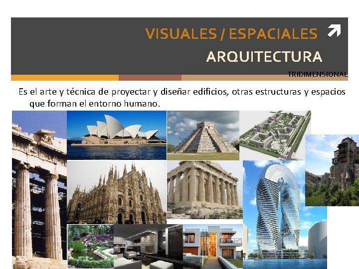 VISUALES / ESPACIALES ARQUITECTURA TRIDIMENSIONAL Es el arte y técnica de proyectar y diseñar