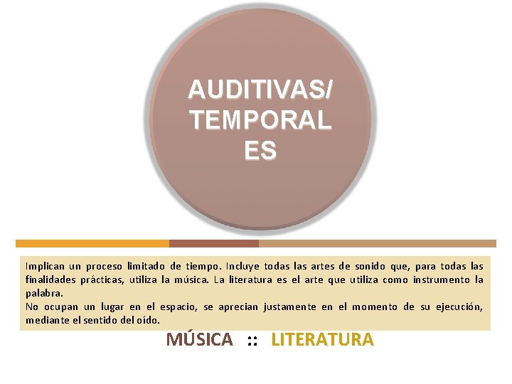 AUDITIVAS/ TEMPORAL ES Implican un proceso limitado de tiempo. Incluye todas las artes de