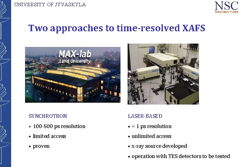 NSC UNIVERSITY OF JYVÄSKYLÄ Nanoscience Center Two approaches to time-resolved XAFS SYNCHROTRON LASER-BASED •
