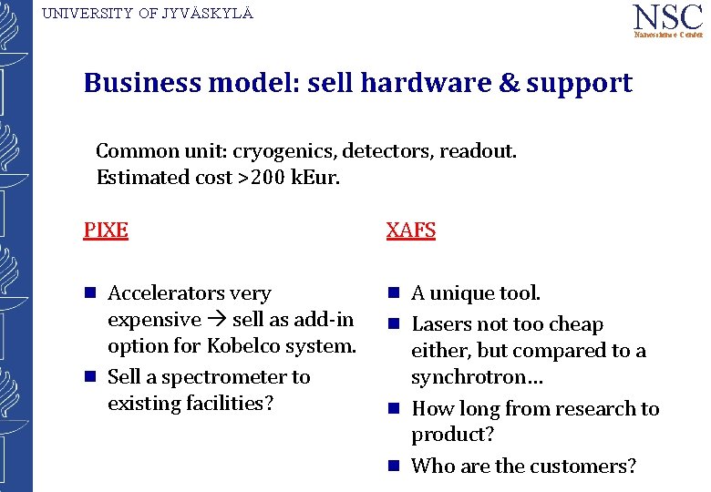 NSC UNIVERSITY OF JYVÄSKYLÄ Nanoscience Center Business model: sell hardware & support Common unit: