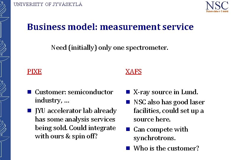 NSC UNIVERSITY OF JYVÄSKYLÄ Nanoscience Center Business model: measurement service Need (initially) only one