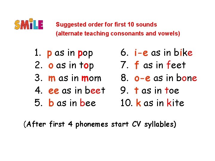 Suggested order for first 10 sounds (alternate teaching consonants and vowels) 1. 2. 3.