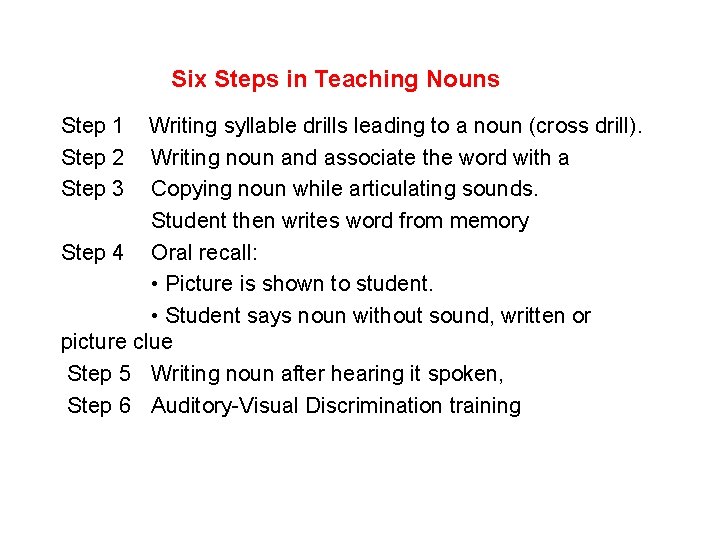 Six Steps in Teaching Nouns Step 1 Writing syllable drills leading to a noun