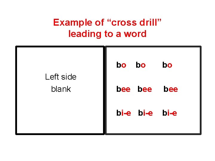 Example of “cross drill” leading to a word Left side blank bo bo bee