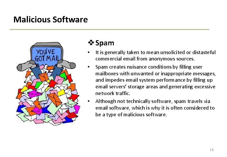 Malicious Software v Spam • • • It is generally taken to mean unsolicited