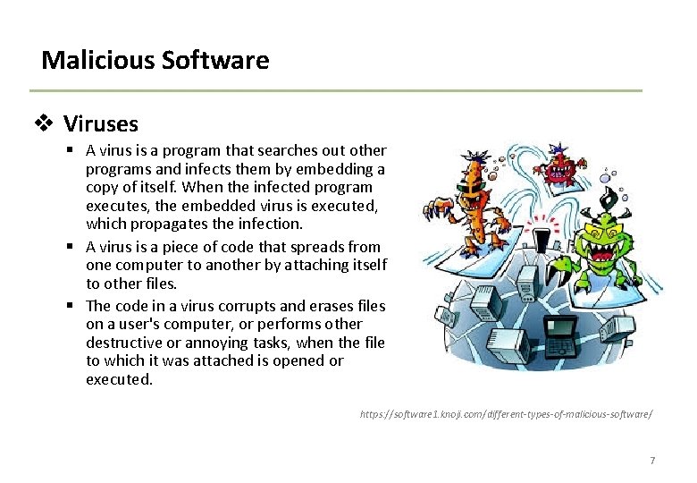 Malicious Software v Viruses § A virus is a program that searches out other