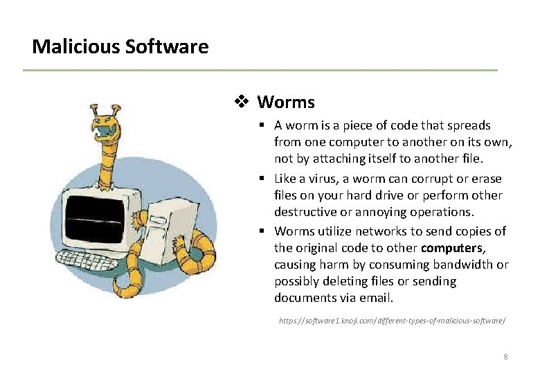 Malicious Software v Worms § A worm is a piece of code that spreads