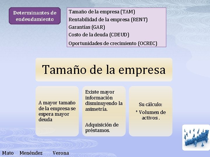 Determinantes de endeudamiento Tamaño de la empresa (TAM) Rentabilidad de la empresa (RENT) Garantías