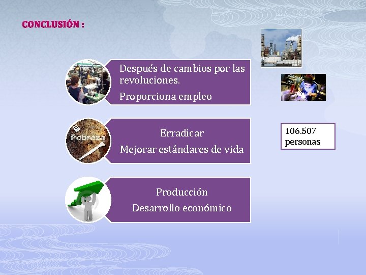 CONCLUSIÓN : Después de cambios por las revoluciones. Proporciona empleo Erradicar Mejorar estándares de