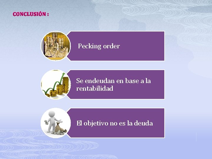 CONCLUSIÓN : Pecking order Se endeudan en base a la rentabilidad El objetivo no