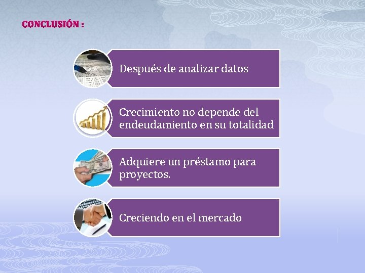 CONCLUSIÓN : Después de analizar datos Crecimiento no depende del endeudamiento en su totalidad