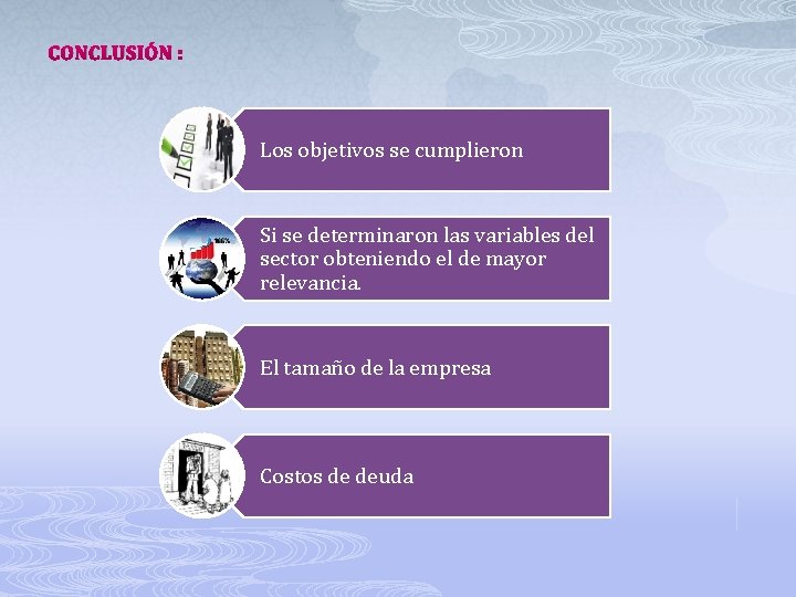 CONCLUSIÓN : Los objetivos se cumplieron Si se determinaron las variables del sector obteniendo