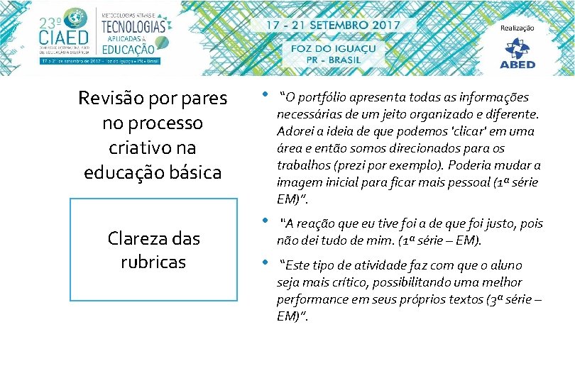 Revisão por pares no processo criativo na educação básica Clareza das rubricas • “O