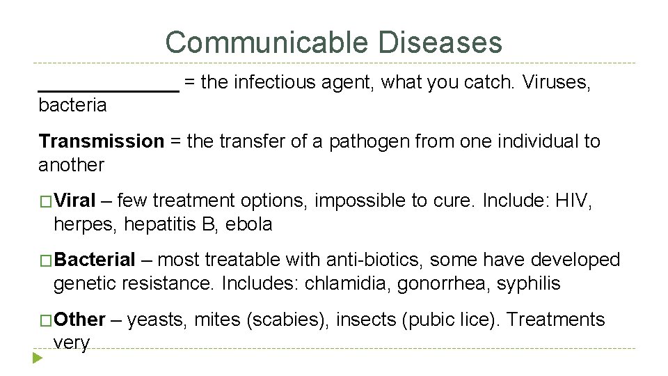 Communicable Diseases _______ = the infectious agent, what you catch. Viruses, bacteria Transmission =