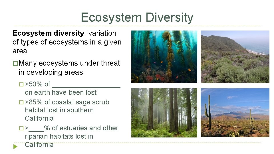 Ecosystem Diversity Ecosystem diversity: variation of types of ecosystems in a given area �