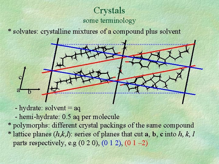 Crystals some terminology * solvates: crystalline mixtures of a compound plus solvent c a