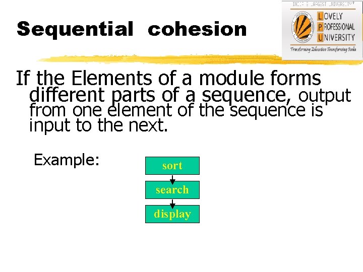 Sequential cohesion If the Elements of a module forms different parts of a sequence,