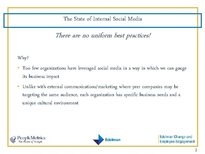 The State of Internal Social Media There are no uniform best practices! Why? §