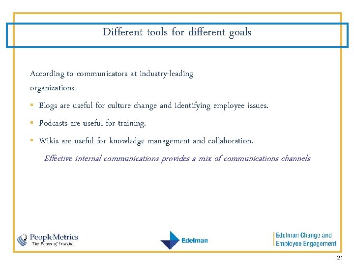 Different tools for different goals According to communicators at industry-leading organizations: § Blogs are