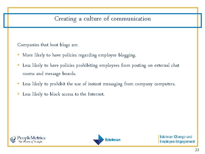 Creating a culture of communication Companies that host blogs are: § More likely to