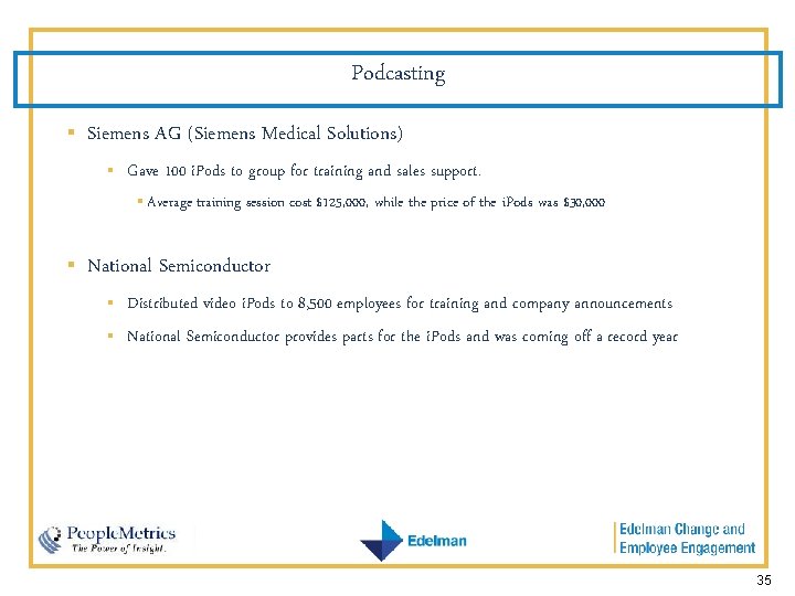 Podcasting § Siemens AG (Siemens Medical Solutions) § Gave 100 i. Pods to group