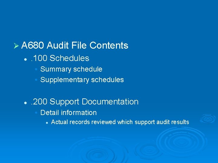 Ø A 680 Audit File Contents l . 100 Schedules • Summary schedule •