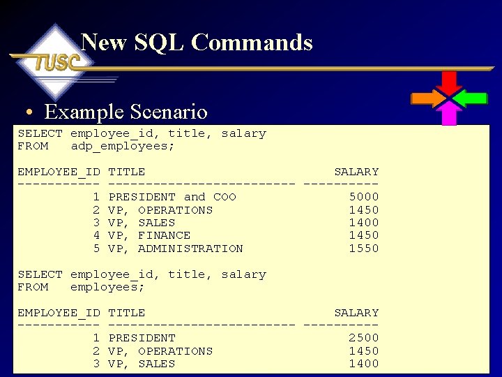 New SQL Commands • Example Scenario SELECT employee_id, title, salary FROM adp_employees; EMPLOYEE_ID -----1