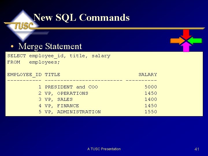 New SQL Commands • Merge Statement SELECT employee_id, title, salary FROM employees; EMPLOYEE_ID -----1