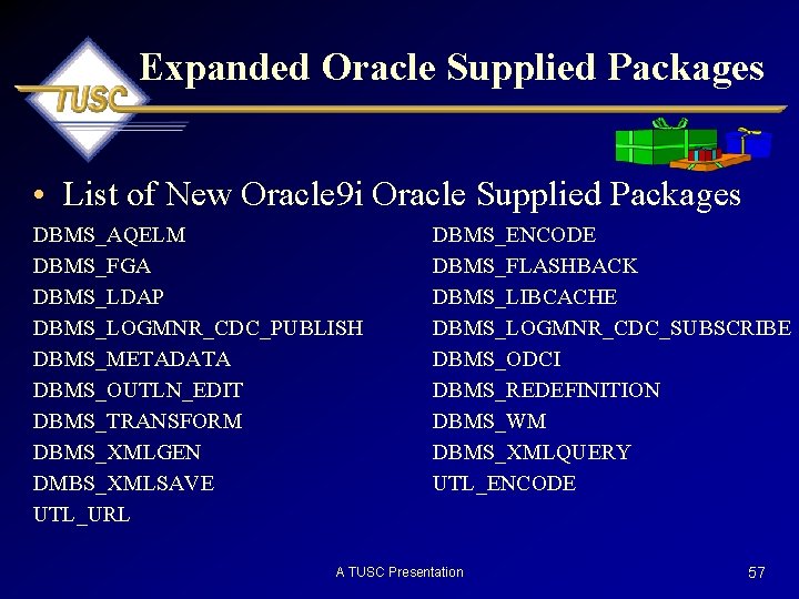 Expanded Oracle Supplied Packages • List of New Oracle 9 i Oracle Supplied Packages