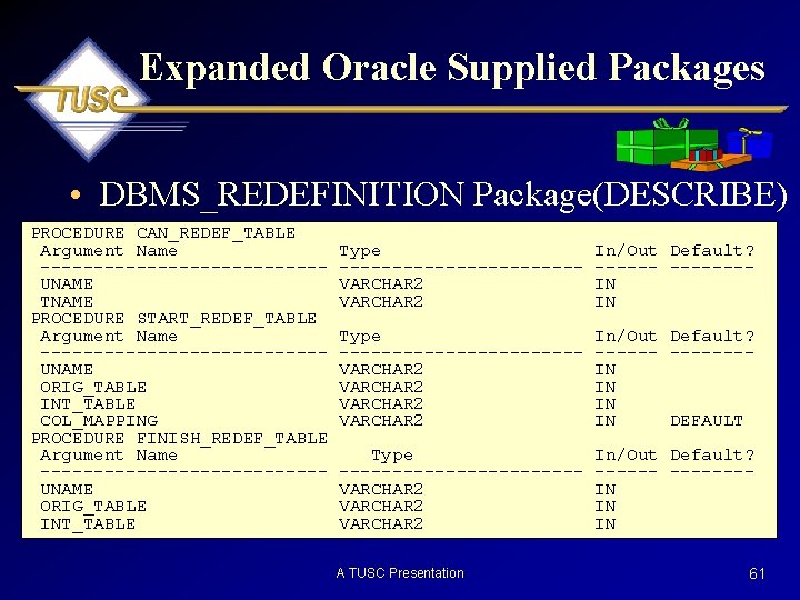 Expanded Oracle Supplied Packages • DBMS_REDEFINITION Package(DESCRIBE) PROCEDURE CAN_REDEF_TABLE Argument Name -------------UNAME TNAME PROCEDURE