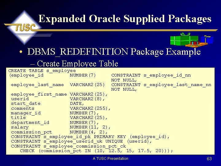 Expanded Oracle Supplied Packages • DBMS_REDEFINITION Package Example – Create Employee Table CREATE TABLE