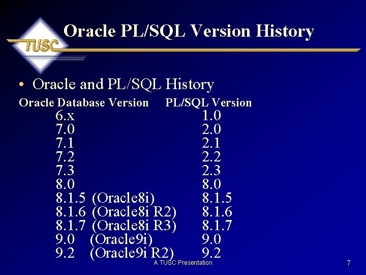 Oracle PL/SQL Version History • Oracle and PL/SQL History Oracle Database Version PL/SQL Version