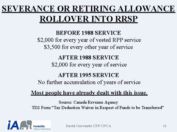 SEVERANCE OR RETIRING ALLOWANCE ROLLOVER INTO RRSP BEFORE 1988 SERVICE $2, 000 for every