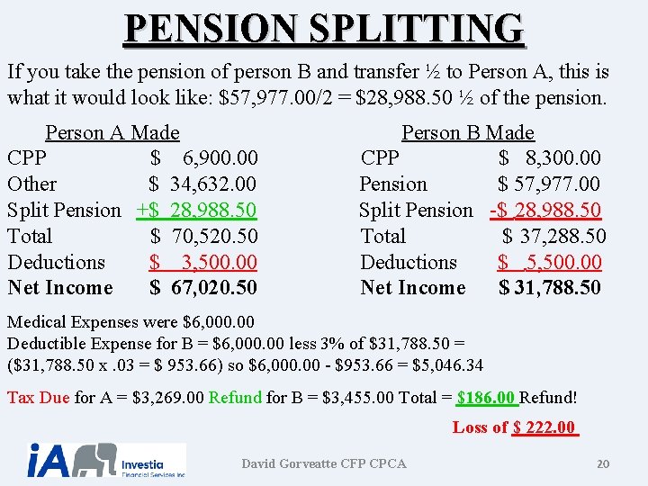 PENSION SPLITTING If you take the pension of person B and transfer ½ to