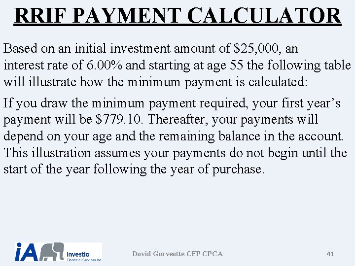 RRIF PAYMENT CALCULATOR Based on an initial investment amount of $25, 000, an interest