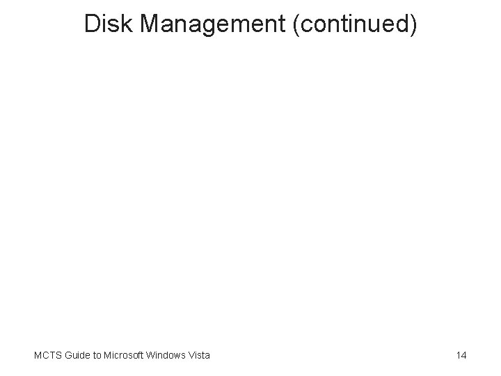 Disk Management (continued) MCTS Guide to Microsoft Windows Vista 14 