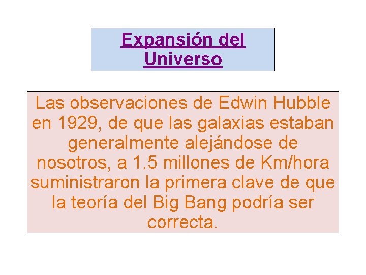 Expansión del Universo Las observaciones de Edwin Hubble en 1929, de que las galaxias
