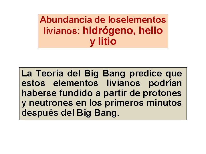 Abundancia de loselementos livianos: hidrógeno, helio y litio La Teoría del Big Bang predice