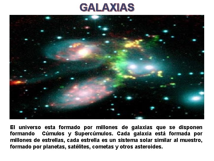 GALAXIAS El universo esta formado por millones de galaxias que se disponen formando Cúmulos