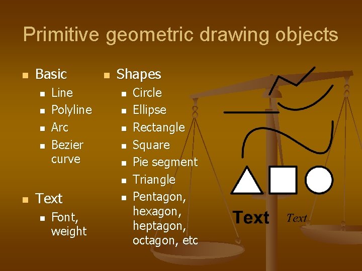 Primitive geometric drawing objects n Basic n n Line Polyline Arc Bezier curve n