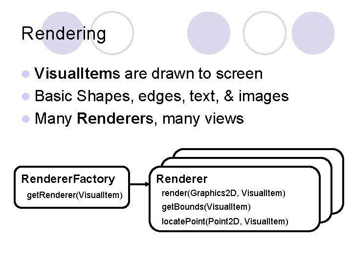 Rendering l Visual. Items are drawn to screen l Basic Shapes, edges, text, &