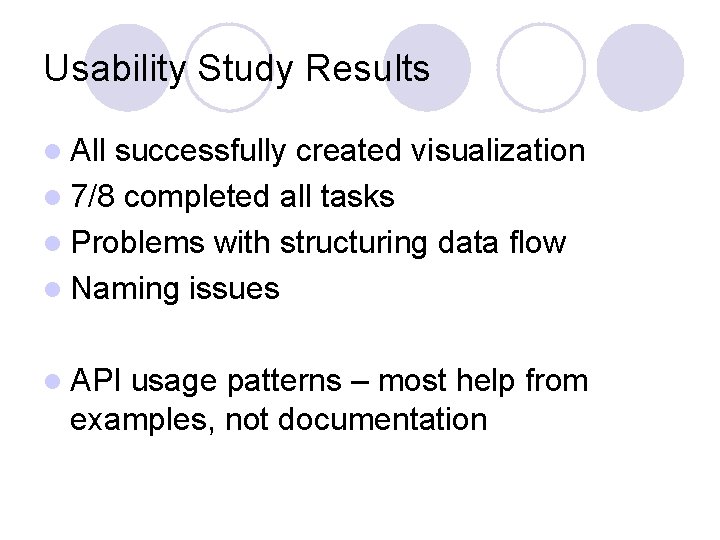 Usability Study Results l All successfully created visualization l 7/8 completed all tasks l