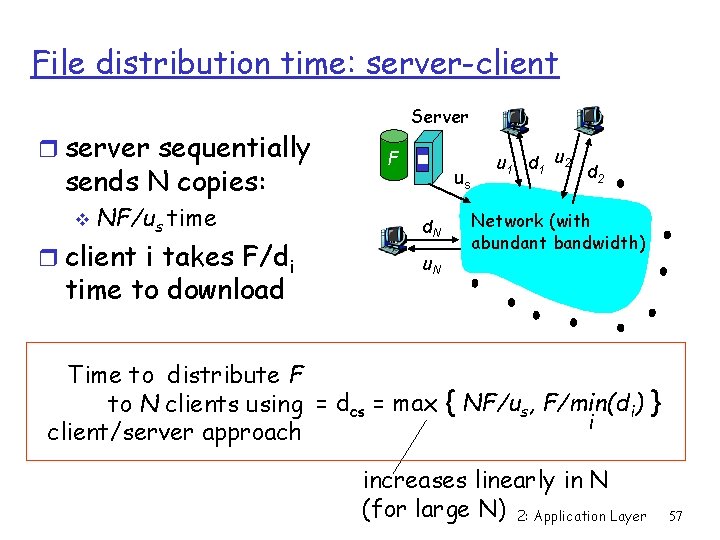 File distribution time: server-client r server sequentially sends N copies: v NF/us time r